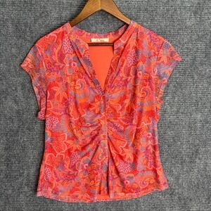 Les Serein Orange Pink Paisley Ruched Button Front Cap Sleeve Top